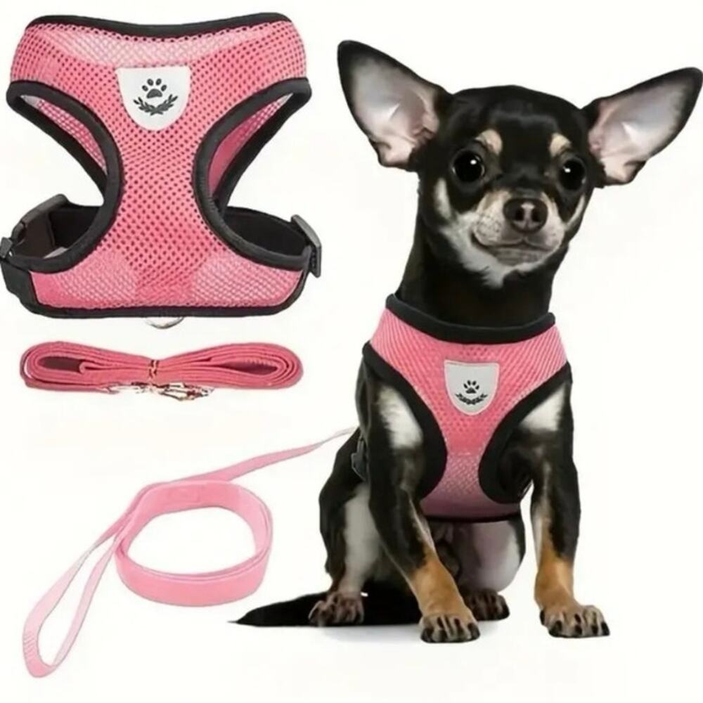 NEW Pink Breathable Mesh Dog Harness w‎ Leash Adjustable Soft Puppy Pet Vest M L